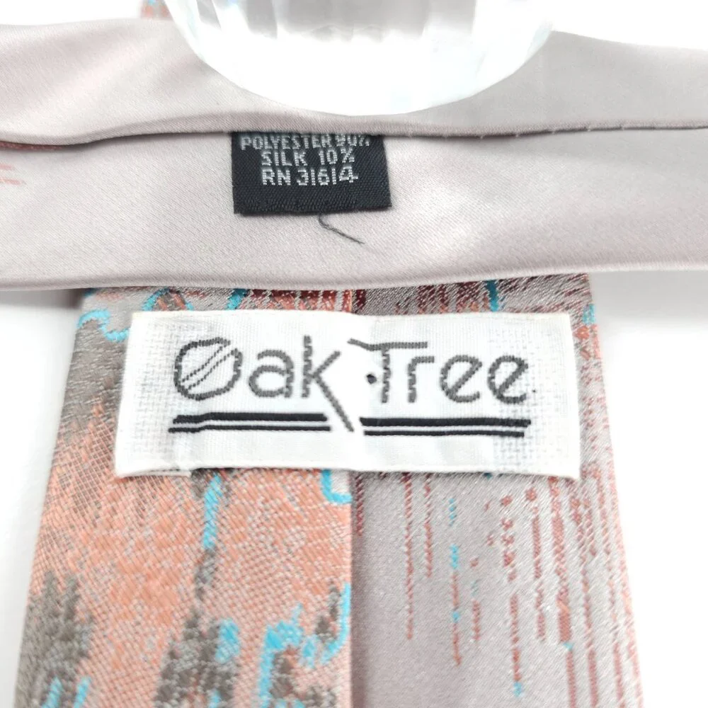 Oak Tree Men Necktie Polyester Silk Gray Orange Blue Size 56x2.5 - NWOT